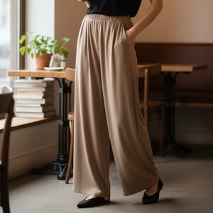 Satin pants palazzo high waisted pockets gold taupe size large